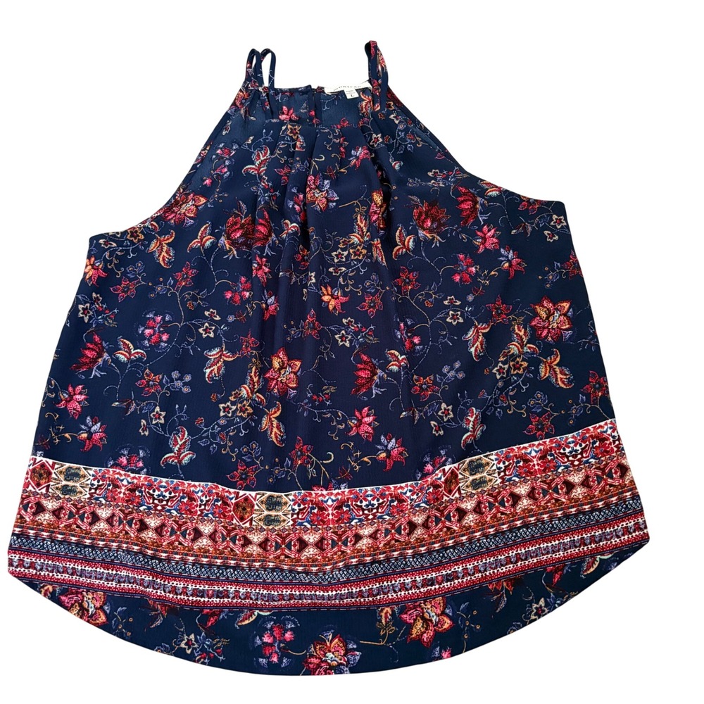 Monteau Los Angeles Navy Blue Floral Halter Neck Pleated Blouse Top L‎ Layered